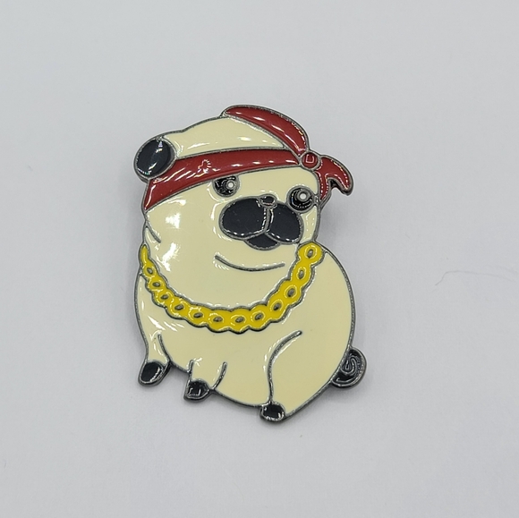 Hip-Hop Pug Brooch Pin - Enamel Dog with Bandana & Gold Chain Accessory Unisex - Picture 8 of 8